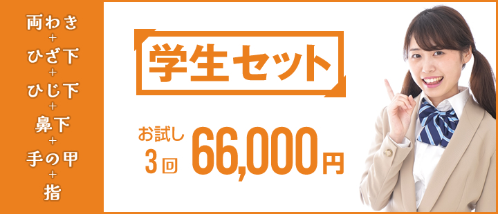 学生セット（両わき＋ひじ下＋ひざ下＋鼻下＋手の甲＋指）　お試し3回　66,000円